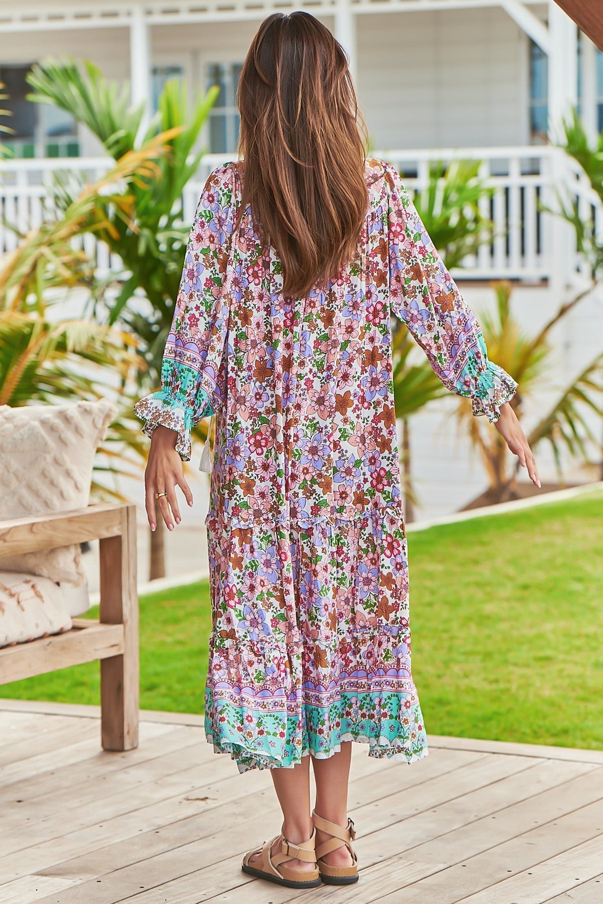 JAASE - Briana Midi Dress: Frill Collar Oversized Buttoned Dress with Waist Tie and Frill Splicing in Field Day Print