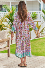 JAASE - Briana Midi Dress: Frill Collar Oversized Buttoned Dress with Waist Tie and Frill Splicing in Field Day Print