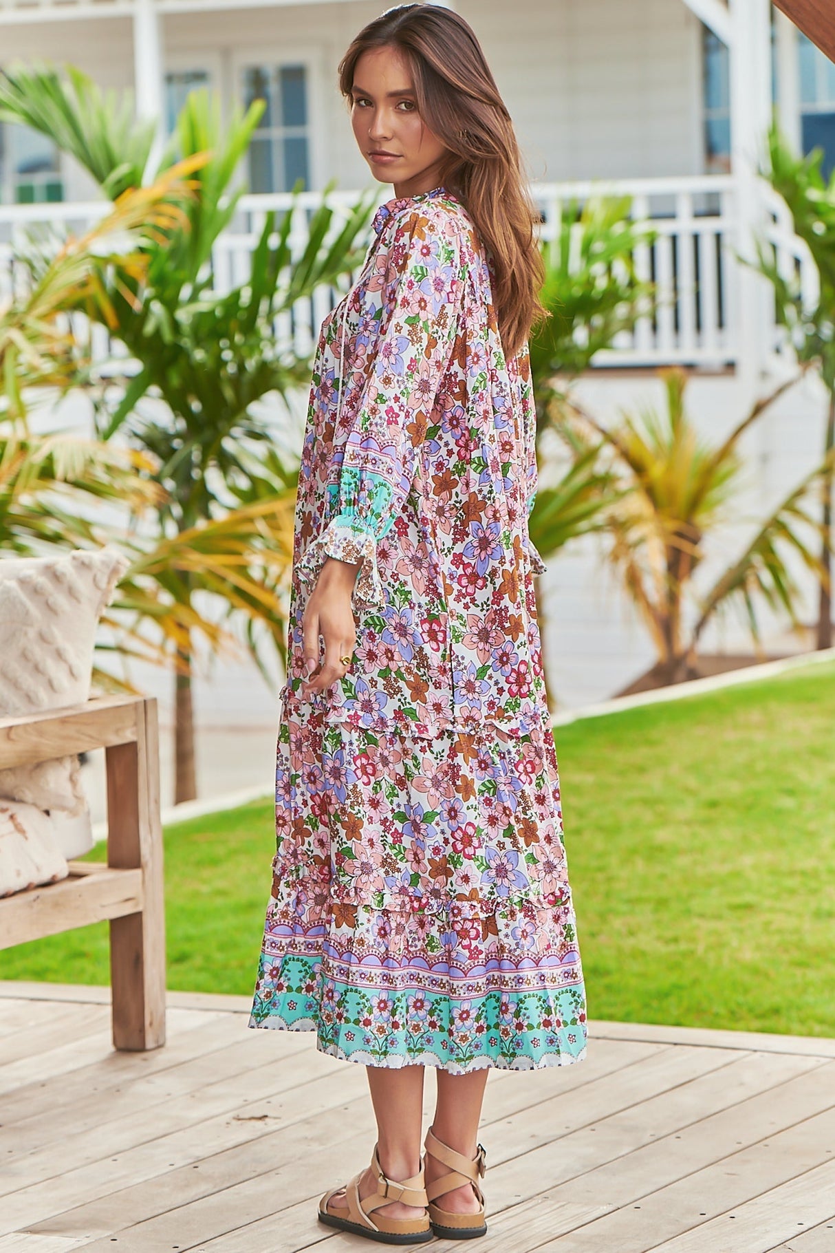 JAASE - Briana Midi Dress: Frill Collar Oversized Buttoned Dress with Waist Tie and Frill Splicing in Field Day Print