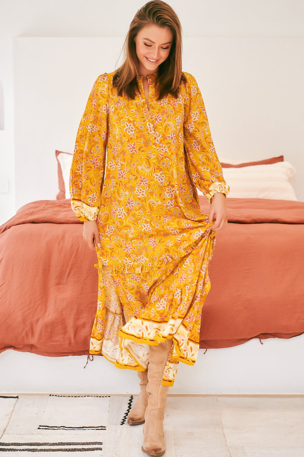 JAASE - Kensey Maxi Dress: Mandarin Collar Long Sleeve Tiered Dress in Willow Print
