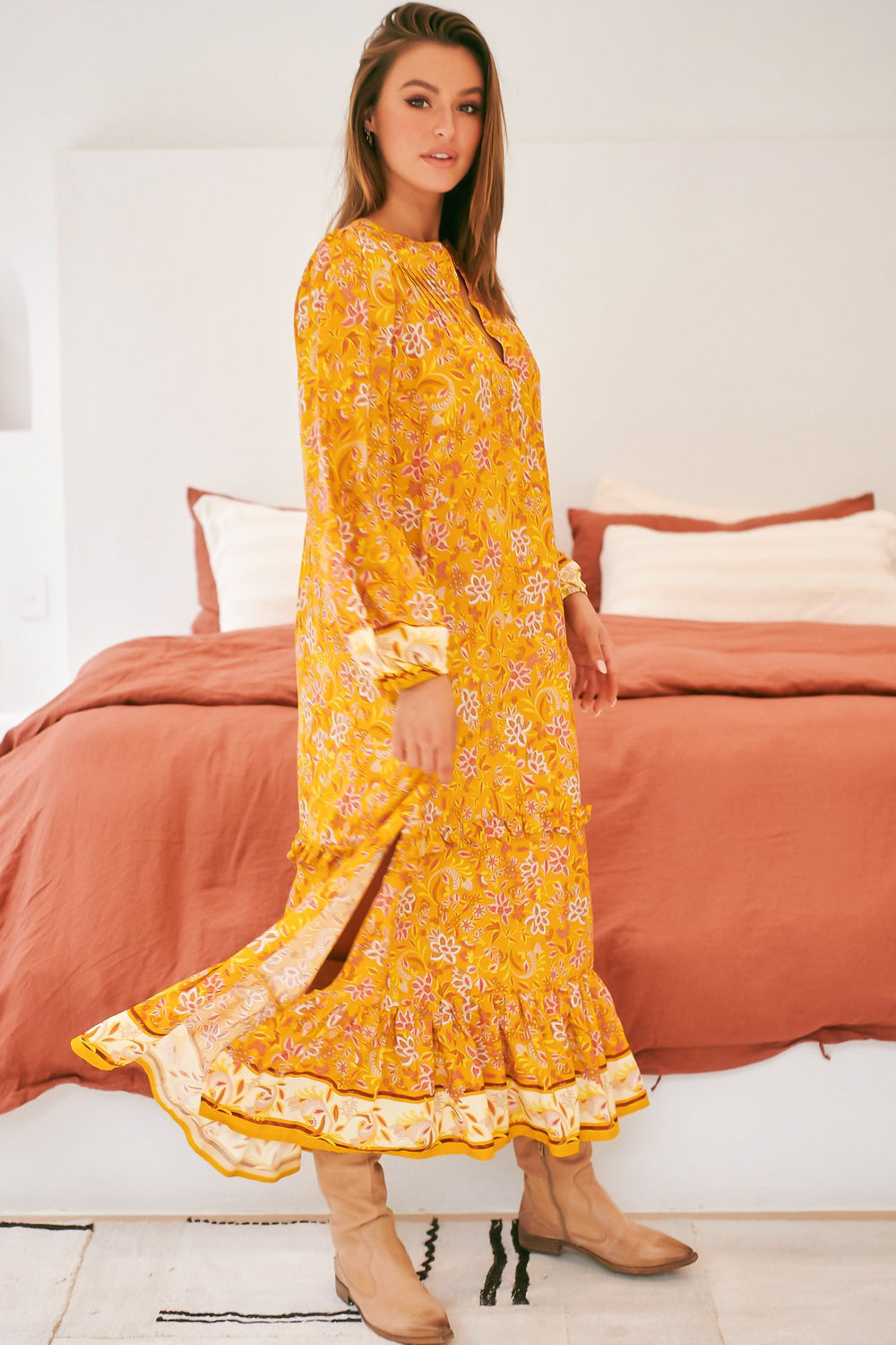 JAASE - Kensey Maxi Dress: Mandarin Collar Long Sleeve Tiered Dress in Willow Print