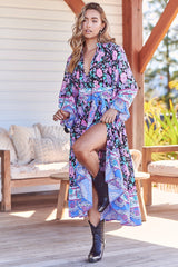 Briana Midi Dress - Frill Collar Oversized Buttoned Dress with Waist Tie and Frill Splicing in Black Bird Print