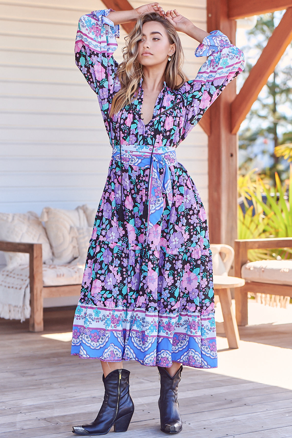 Briana Midi Dress - Frill Collar Oversized Buttoned Dress with Waist Tie and Frill Splicing in Black Bird Print