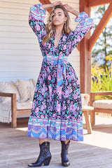 Briana Midi Dress - Frill Collar Oversized Buttoned Dress with Waist Tie and Frill Splicing in Black Bird Print