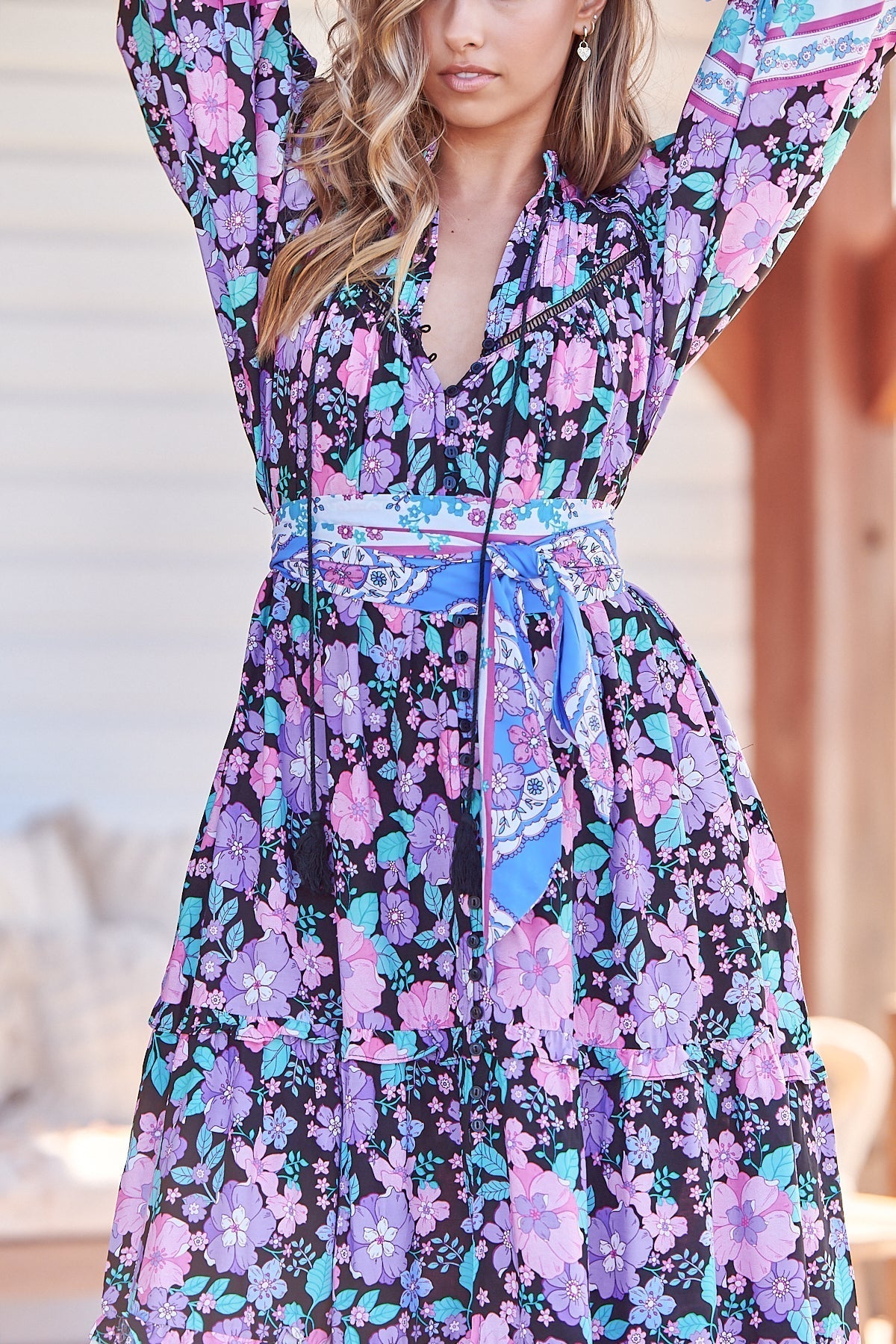 Briana Midi Dress - Frill Collar Oversized Buttoned Dress with Waist Tie and Frill Splicing in Black Bird Print