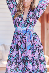 Briana Midi Dress - Frill Collar Oversized Buttoned Dress with Waist Tie and Frill Splicing in Black Bird Print