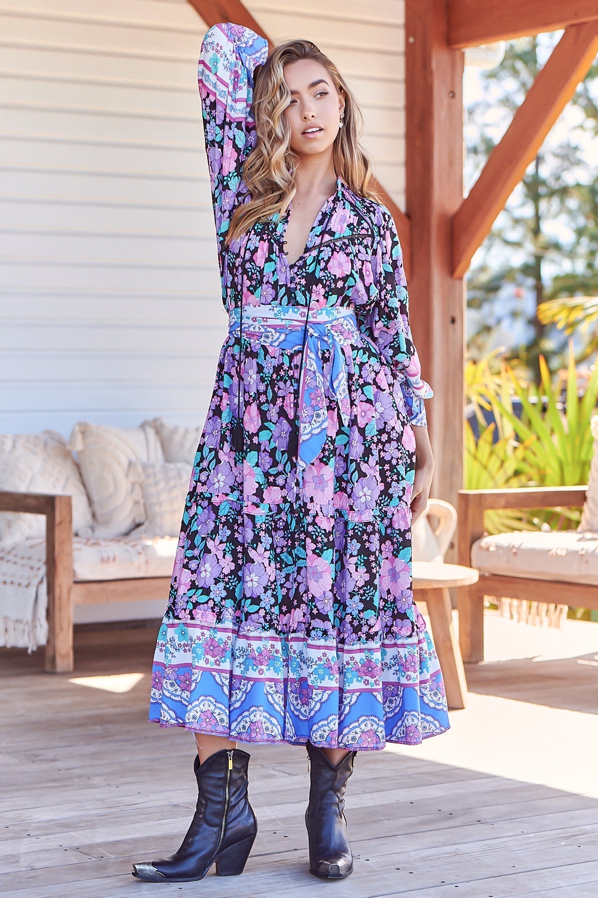 Briana Midi Dress - Frill Collar Oversized Buttoned Dress with Waist Tie and Frill Splicing in Black Bird Print