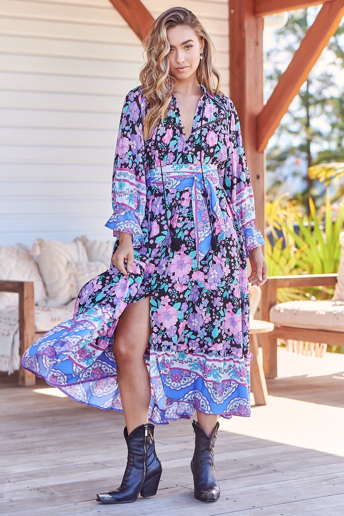 Briana Midi Dress - Frill Collar Oversized Buttoned Dress with Waist Tie and Frill Splicing in Black Bird Print