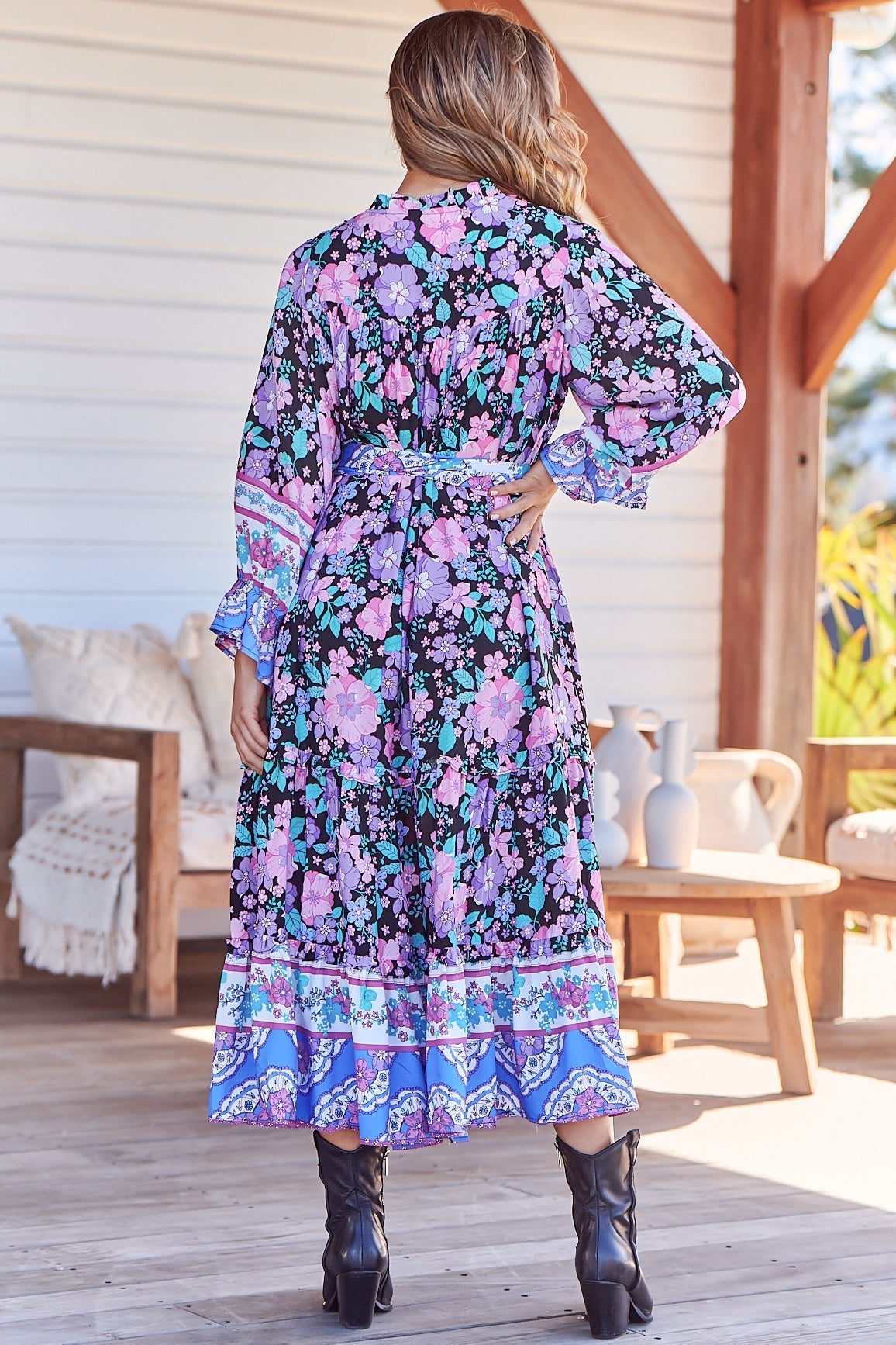 Briana Midi Dress - Frill Collar Oversized Buttoned Dress with Waist Tie and Frill Splicing in Black Bird Print