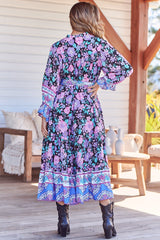 Briana Midi Dress - Frill Collar Oversized Buttoned Dress with Waist Tie and Frill Splicing in Black Bird Print
