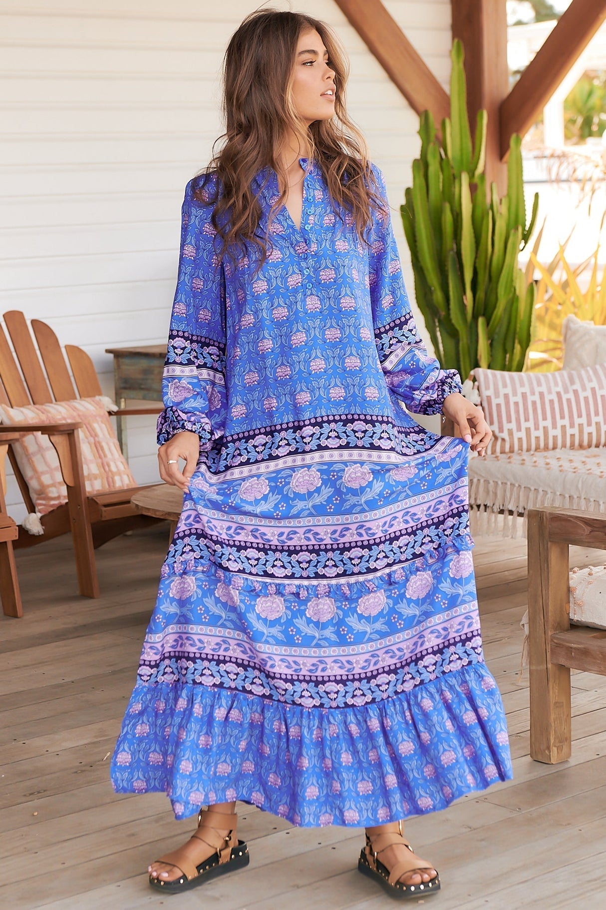 Kensey Maxi Dress - Mandarin Collar Long Sleeve Tiered Dress in Bluey Print
