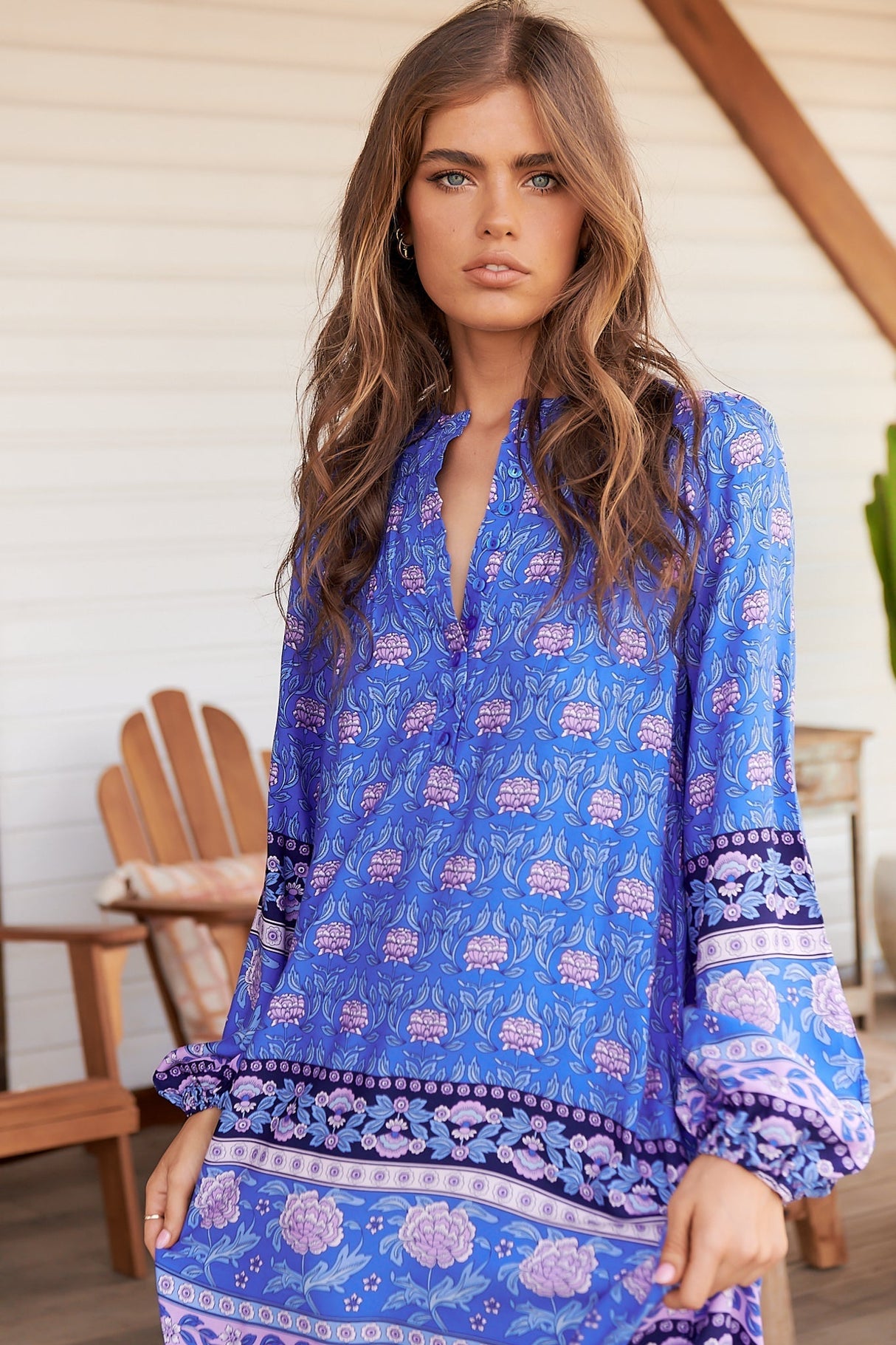 Kensey Maxi Dress - Mandarin Collar Long Sleeve Tiered Dress in Bluey Print
