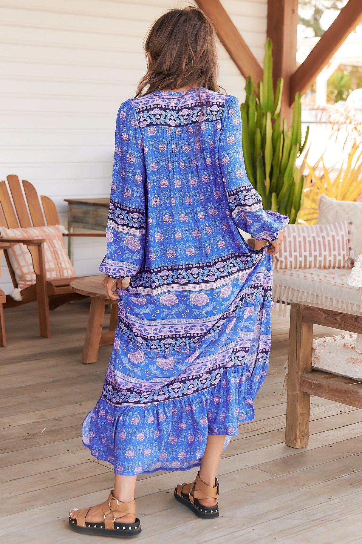 Kensey Maxi Dress - Mandarin Collar Long Sleeve Tiered Dress in Bluey Print