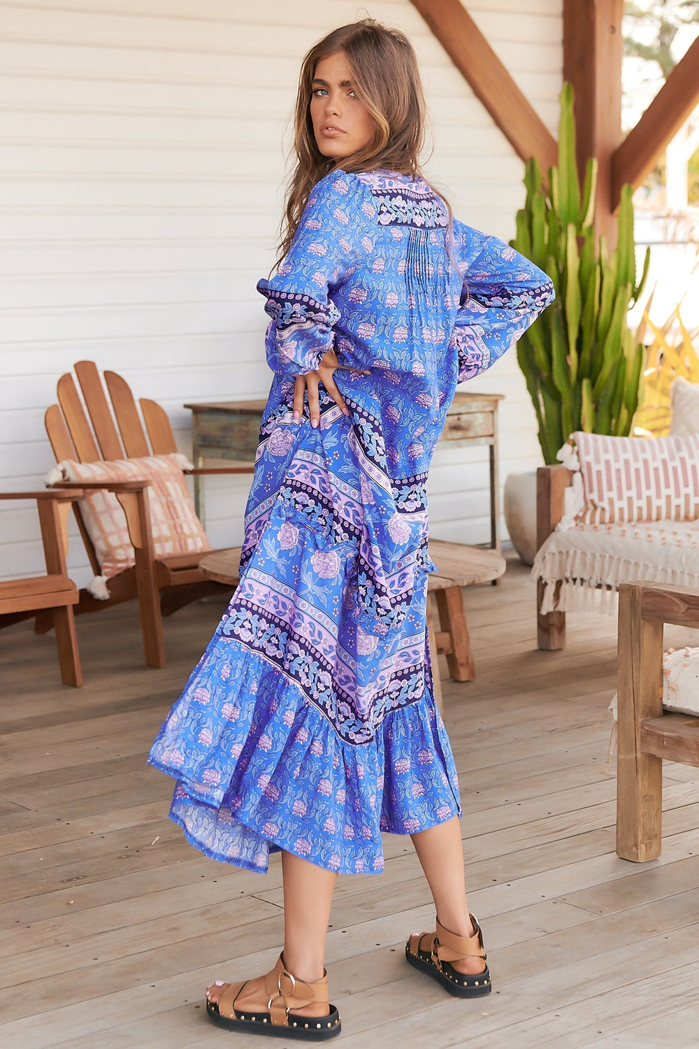 JAASE - Kensey Maxi Dress: Mandarin Collar Long Sleeve Tiered Dress in Bluey Print