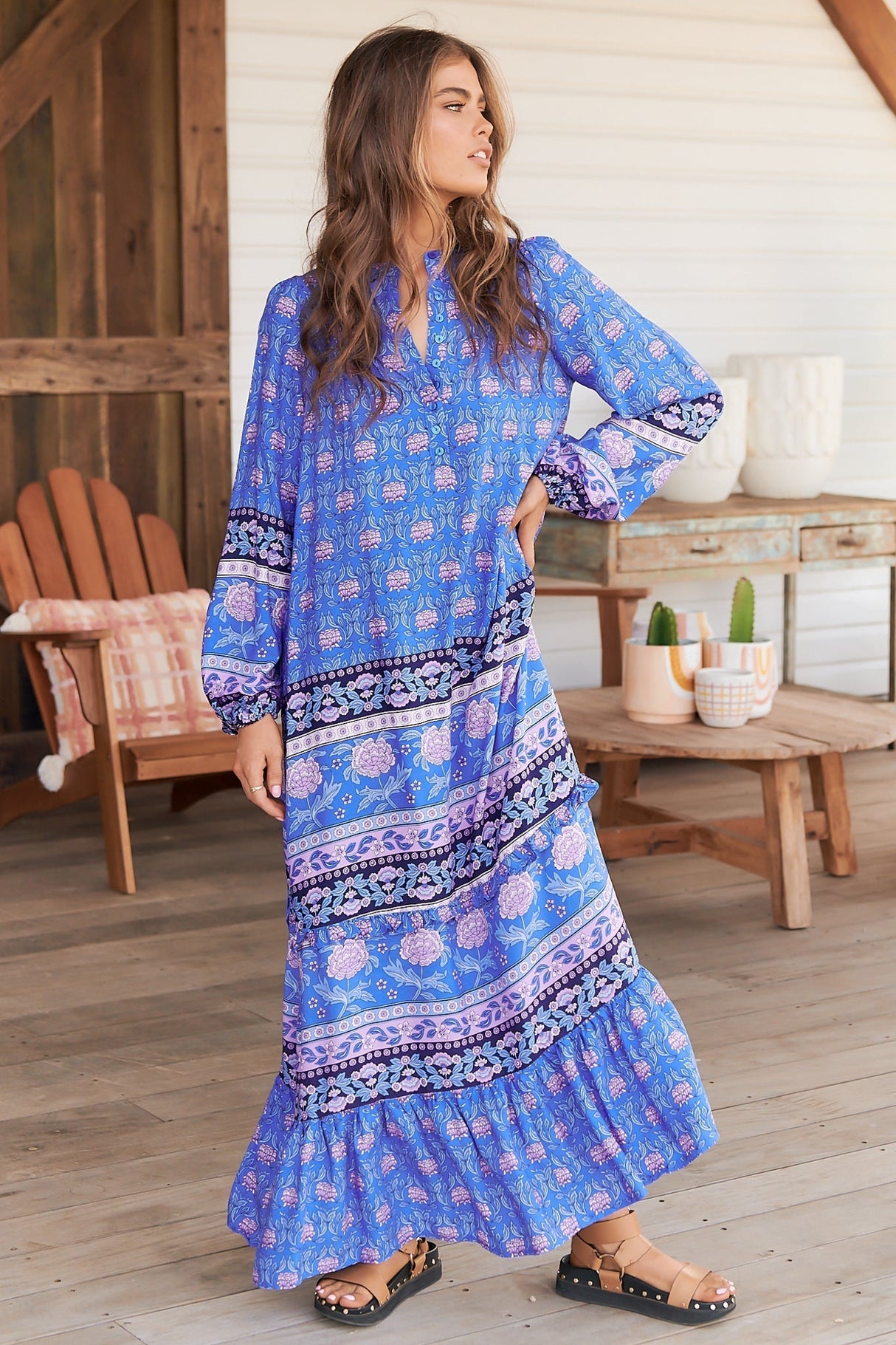 Kensey Maxi Dress - Mandarin Collar Long Sleeve Tiered Dress in Bluey Print