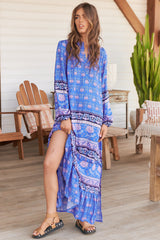 Kensey Maxi Dress - Mandarin Collar Long Sleeve Tiered Dress in Bluey Print
