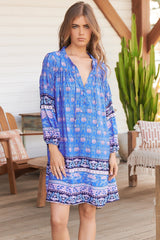 JAASE: Jany Mini Dress - Cut Out Back 3/4 Sleeve Tunic Dress in Bluey Print