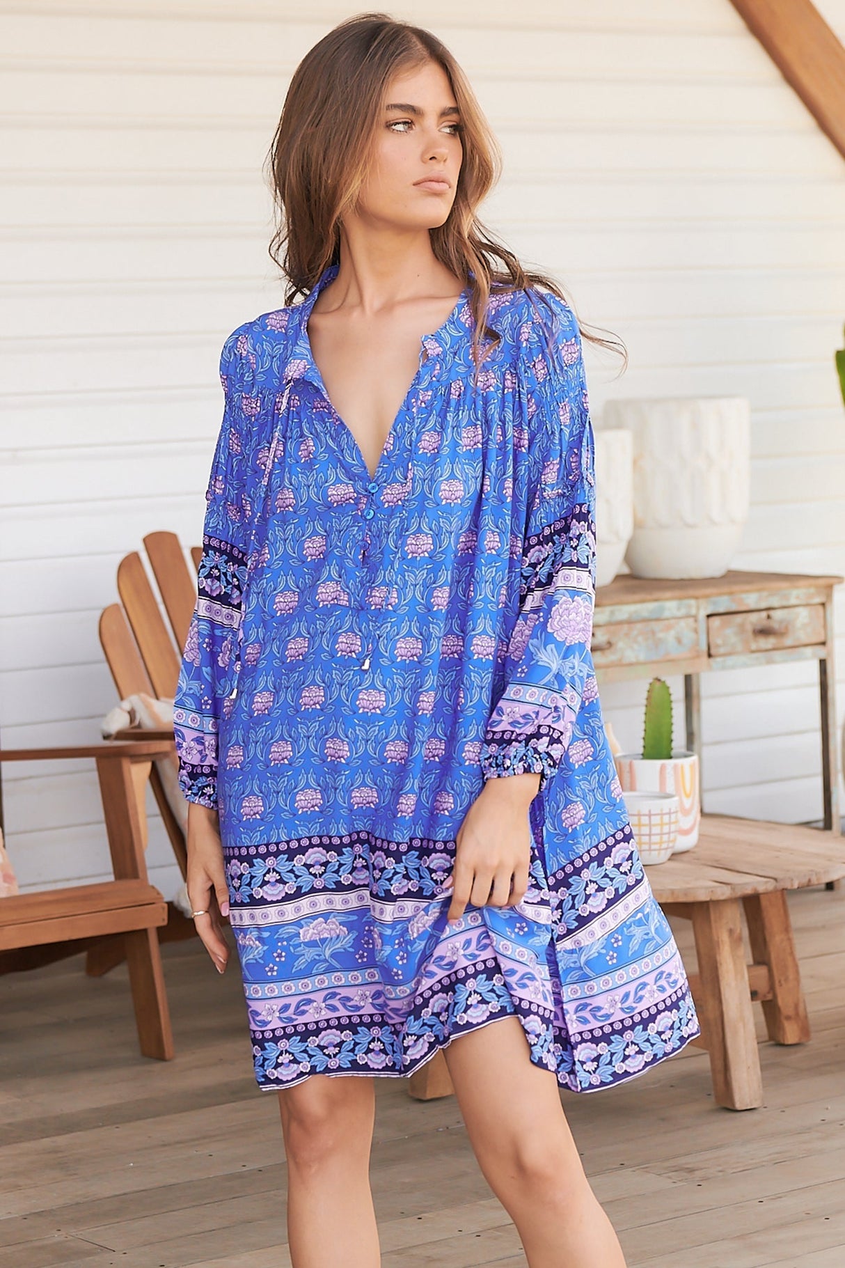 JAASE: Jany Mini Dress - Cut Out Back 3/4 Sleeve Tunic Dress in Bluey Print