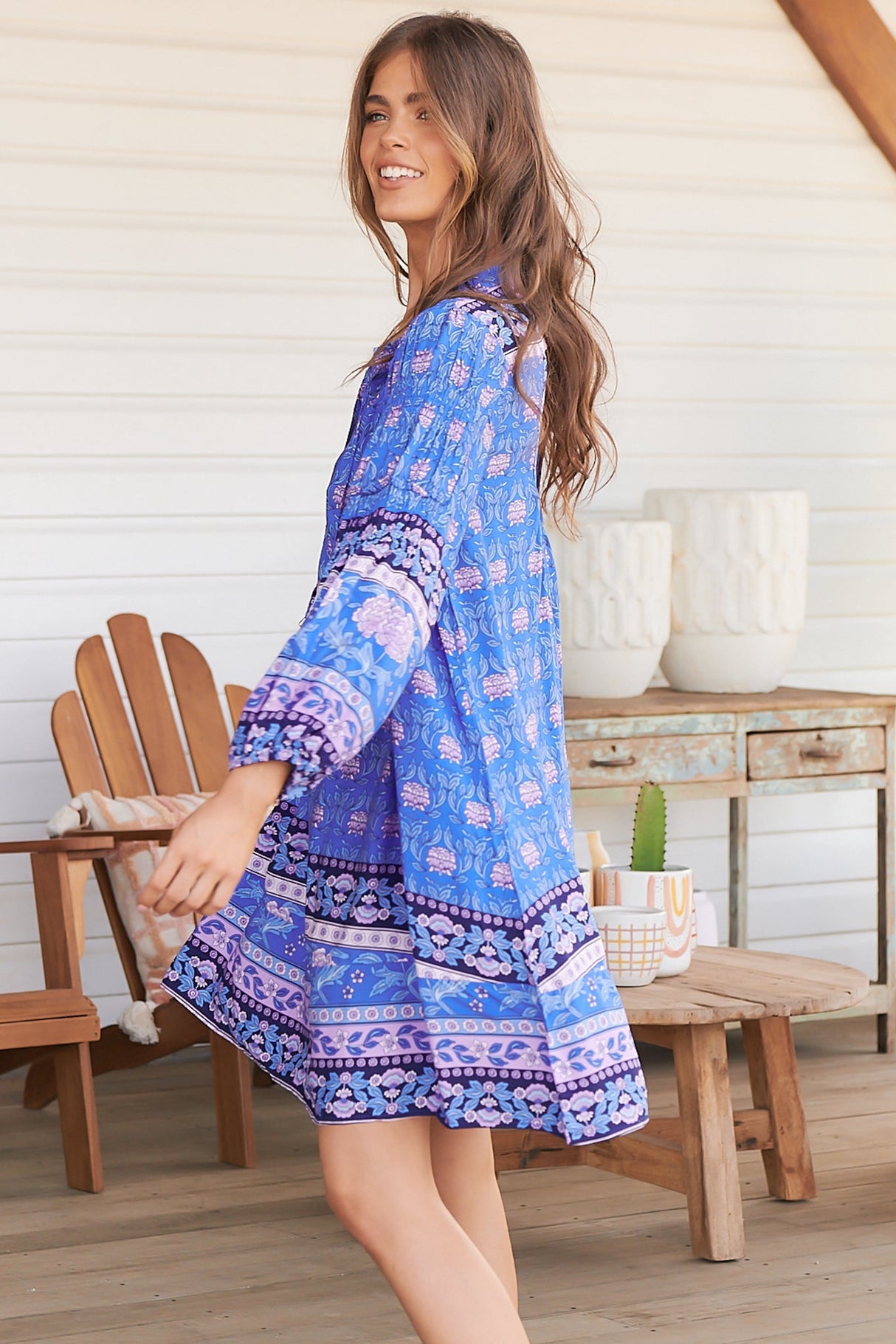 JAASE: Jany Mini Dress - Cut Out Back 3/4 Sleeve Tunic Dress in Bluey Print