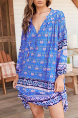 JAASE: Jany Mini Dress - Cut Out Back 3/4 Sleeve Tunic Dress in Bluey Print