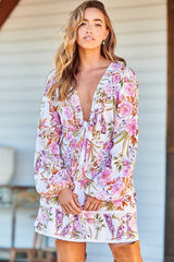 North Mini Dress - Deep V-Neck A-Line Dress with Lace Trims in Acadia Print