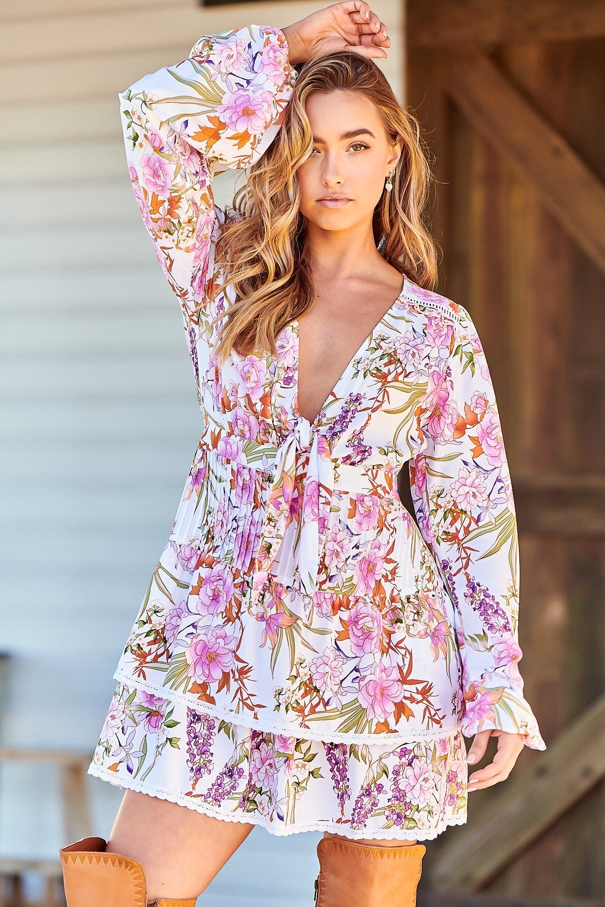 North Mini Dress - Deep V-Neck A-Line Dress with Lace Trims in Acadia Print