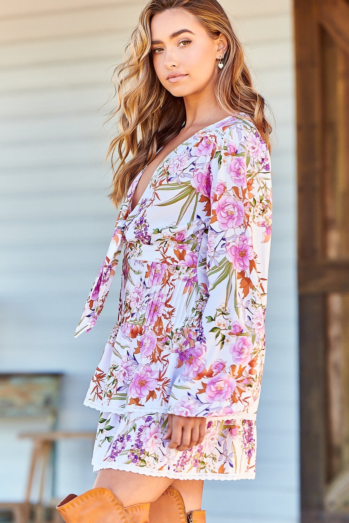 North Mini Dress - Deep V-Neck A-Line Dress with Lace Trims in Acadia Print