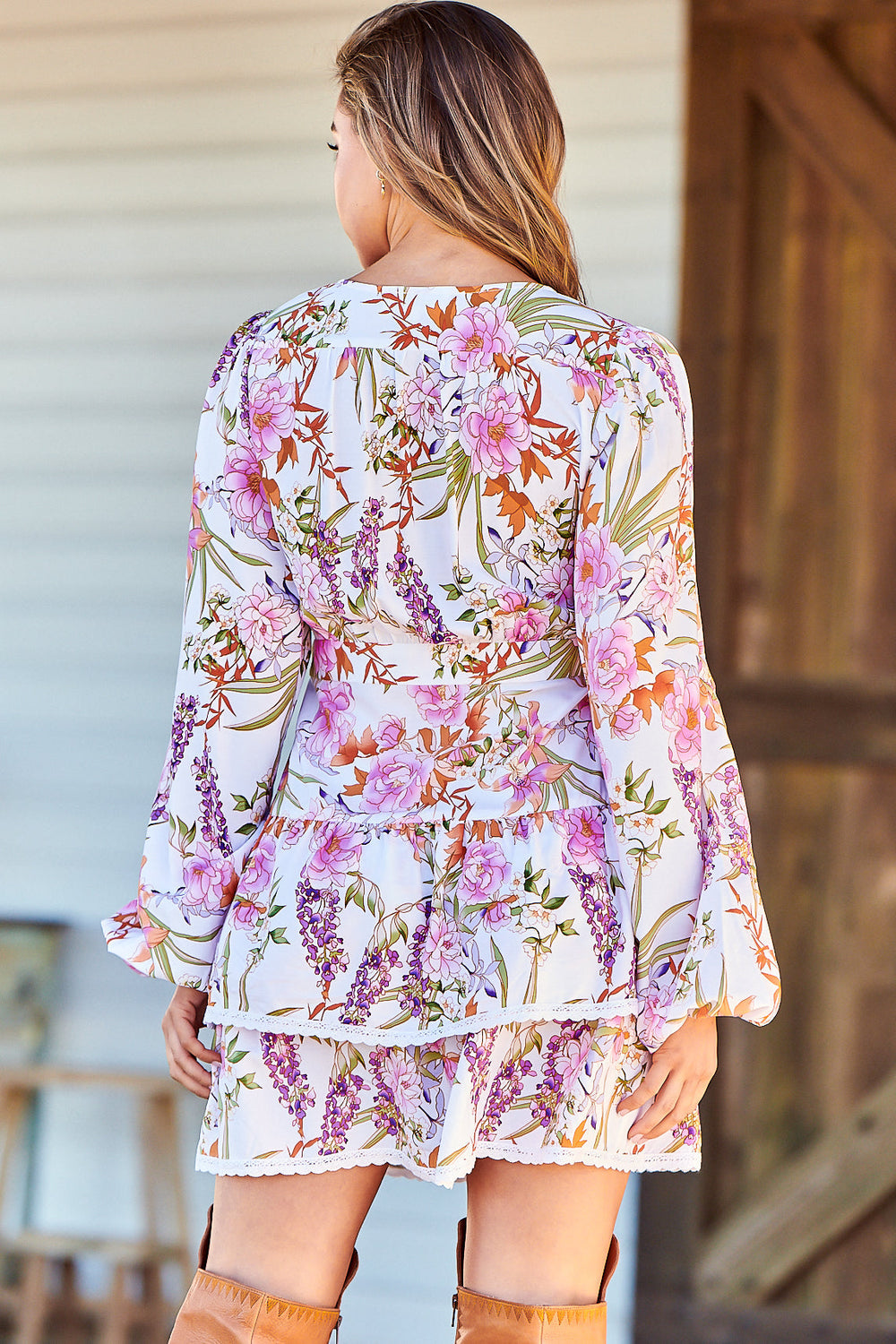 JAASE - North Mini Dress: Deep V-Neck A-Line Dress with Lace Trims in Acadia Print