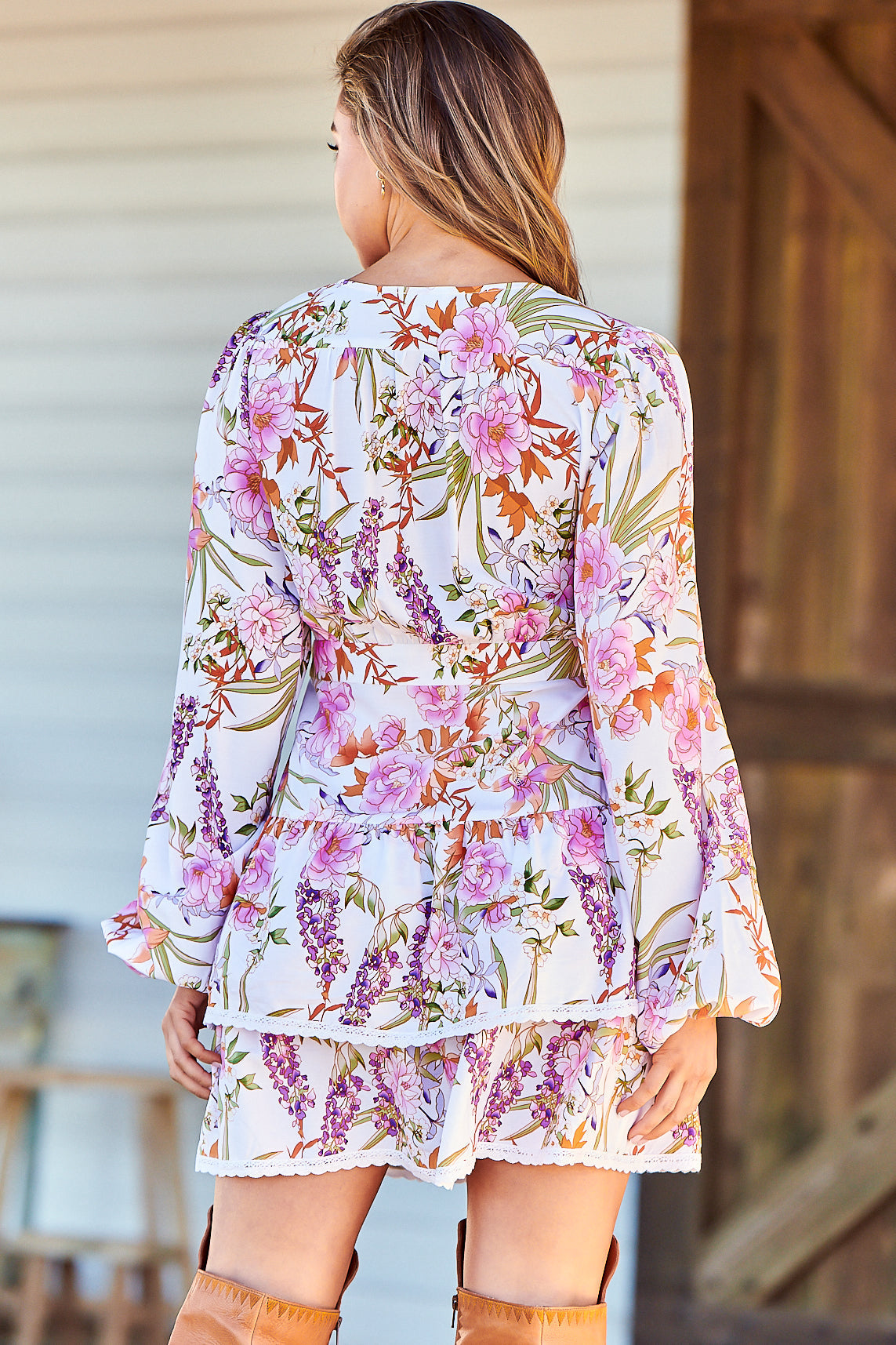 North Mini Dress - Deep V-Neck A-Line Dress with Lace Trims in Acadia Print