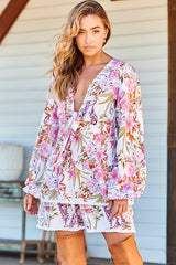 North Mini Dress - Deep V-Neck A-Line Dress with Lace Trims in Acadia Print