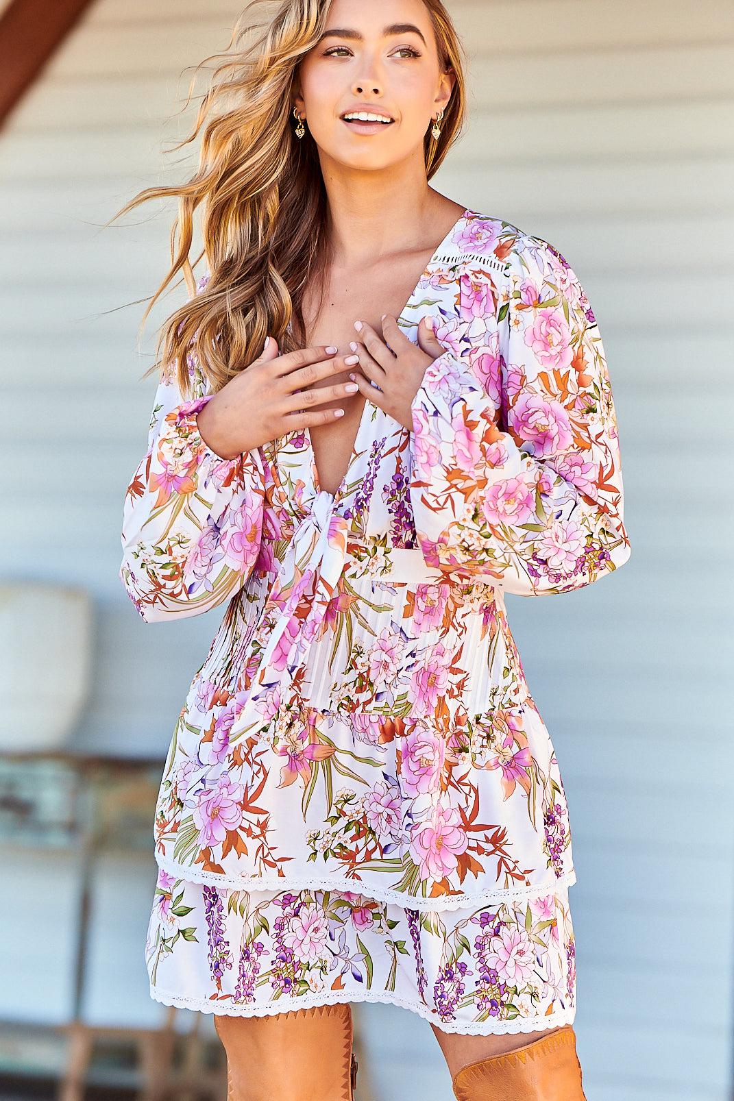 North Mini Dress - Deep V-Neck A-Line Dress with Lace Trims in Acadia Print