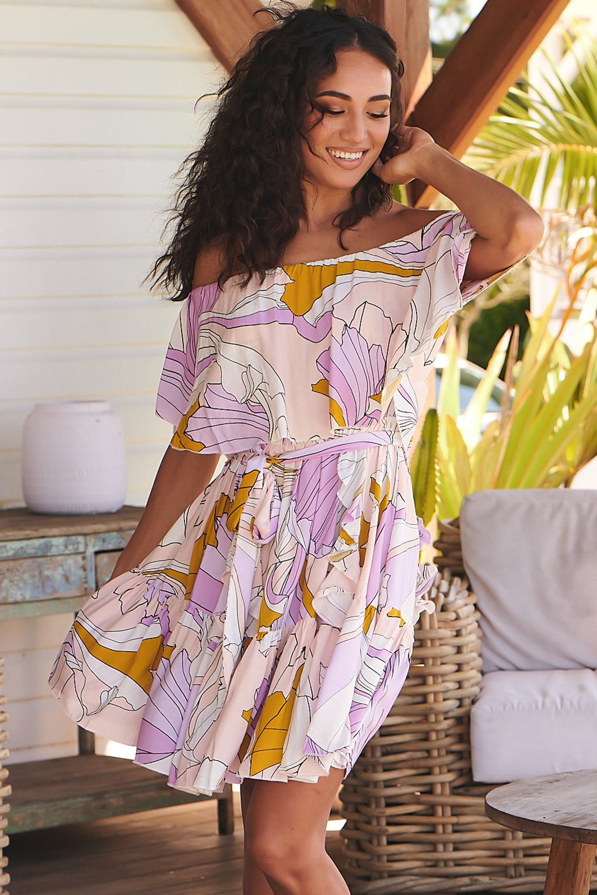 Georgie Mini Dress - Off the Shoulder Tiered Dress with Waist Tie in Lavender Swirl Print