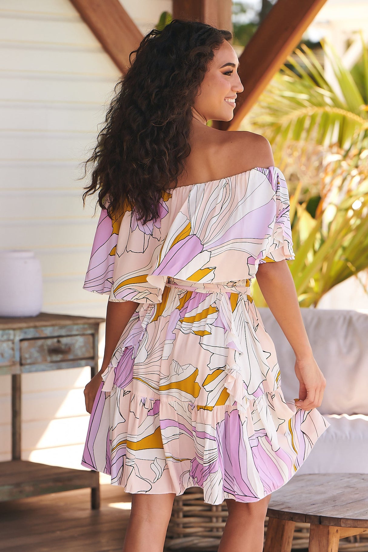 Georgie Mini Dress - Off the Shoulder Tiered Dress with Waist Tie in Lavender Swirl Print