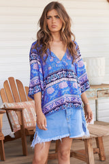 JAASE - Gabriella Top: Mandarin Collar Deep V Neck Crochet Trim Top in Bluey Print