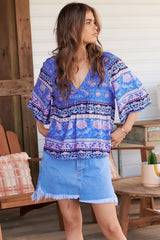 JAASE - Gabriella Top: Mandarin Collar Deep V Neck Crochet Trim Top in Bluey Print