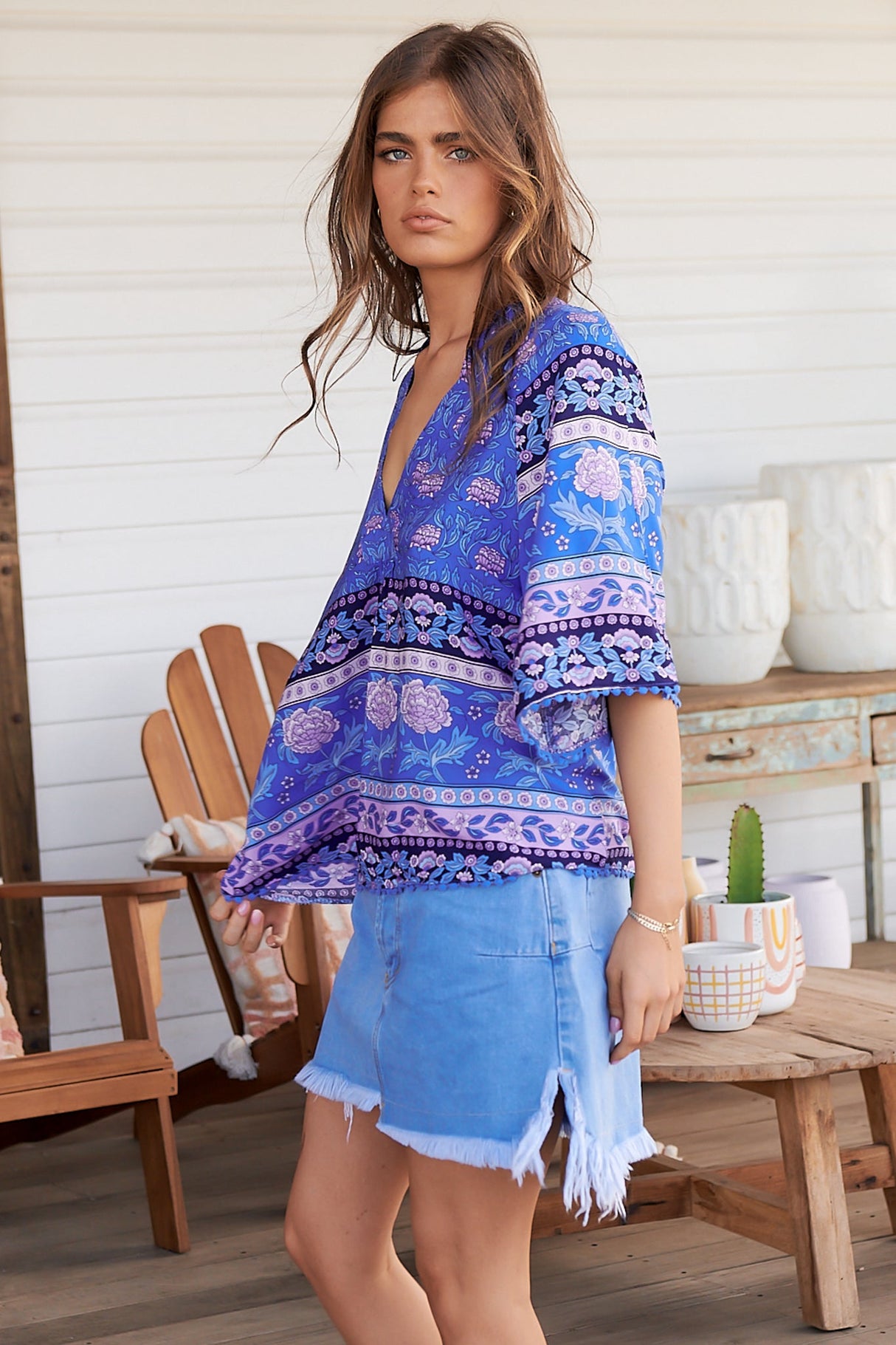 JAASE - Gabriella Top: Mandarin Collar Deep V Neck Crochet Trim Top in Bluey Print