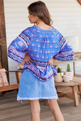 JAASE - Gabriella Top: Mandarin Collar Deep V Neck Crochet Trim Top in Bluey Print