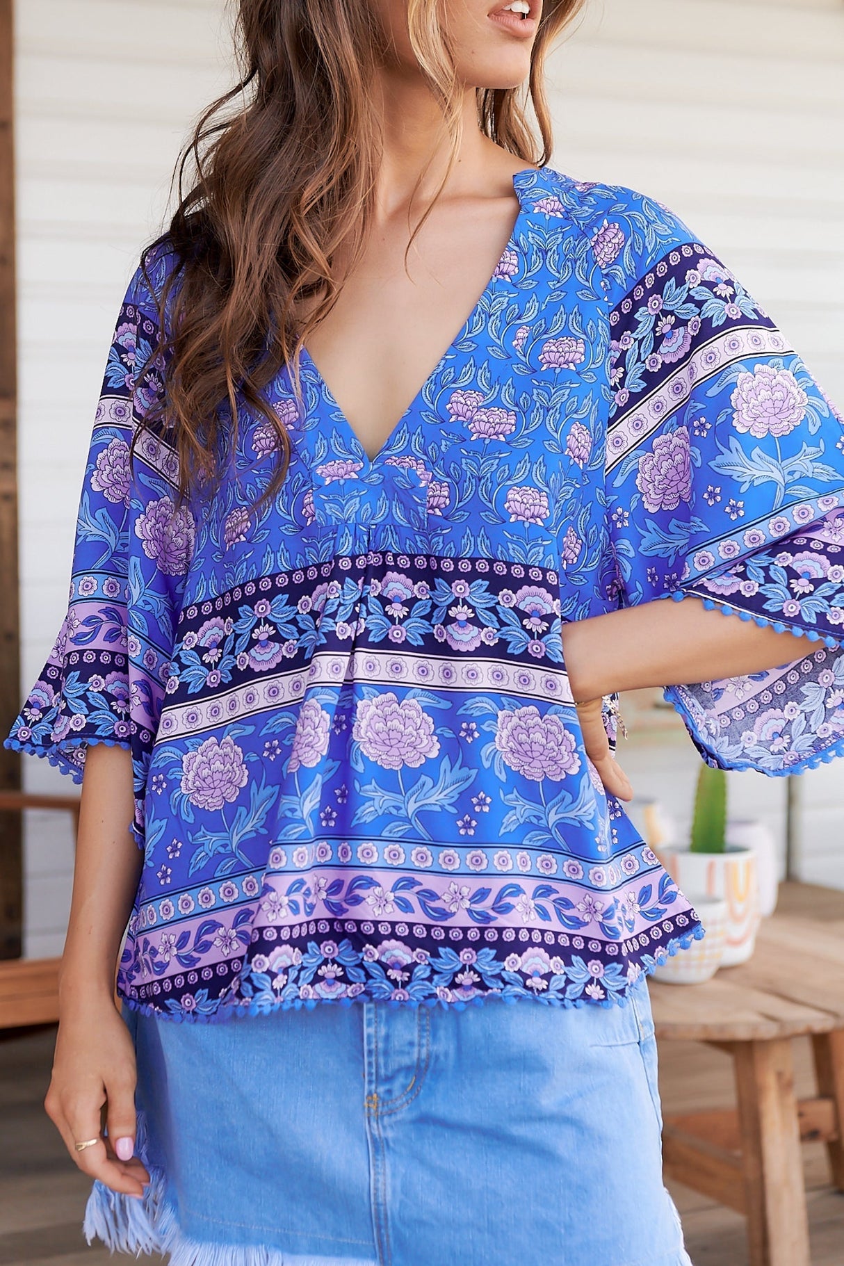 JAASE - Gabriella Top: Mandarin Collar Deep V Neck Crochet Trim Top in Bluey Print