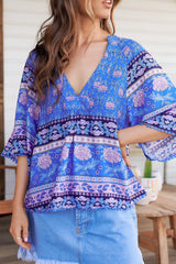 JAASE - Gabriella Top: Mandarin Collar Deep V Neck Crochet Trim Top in Bluey Print