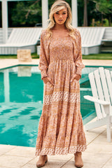 Aquarius Maxi Dress - Shirred Bodice Long Sleeve Dress in Pink Paisley Print