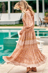 Aquarius Maxi Dress - Shirred Bodice Long Sleeve Dress in Pink Paisley Print