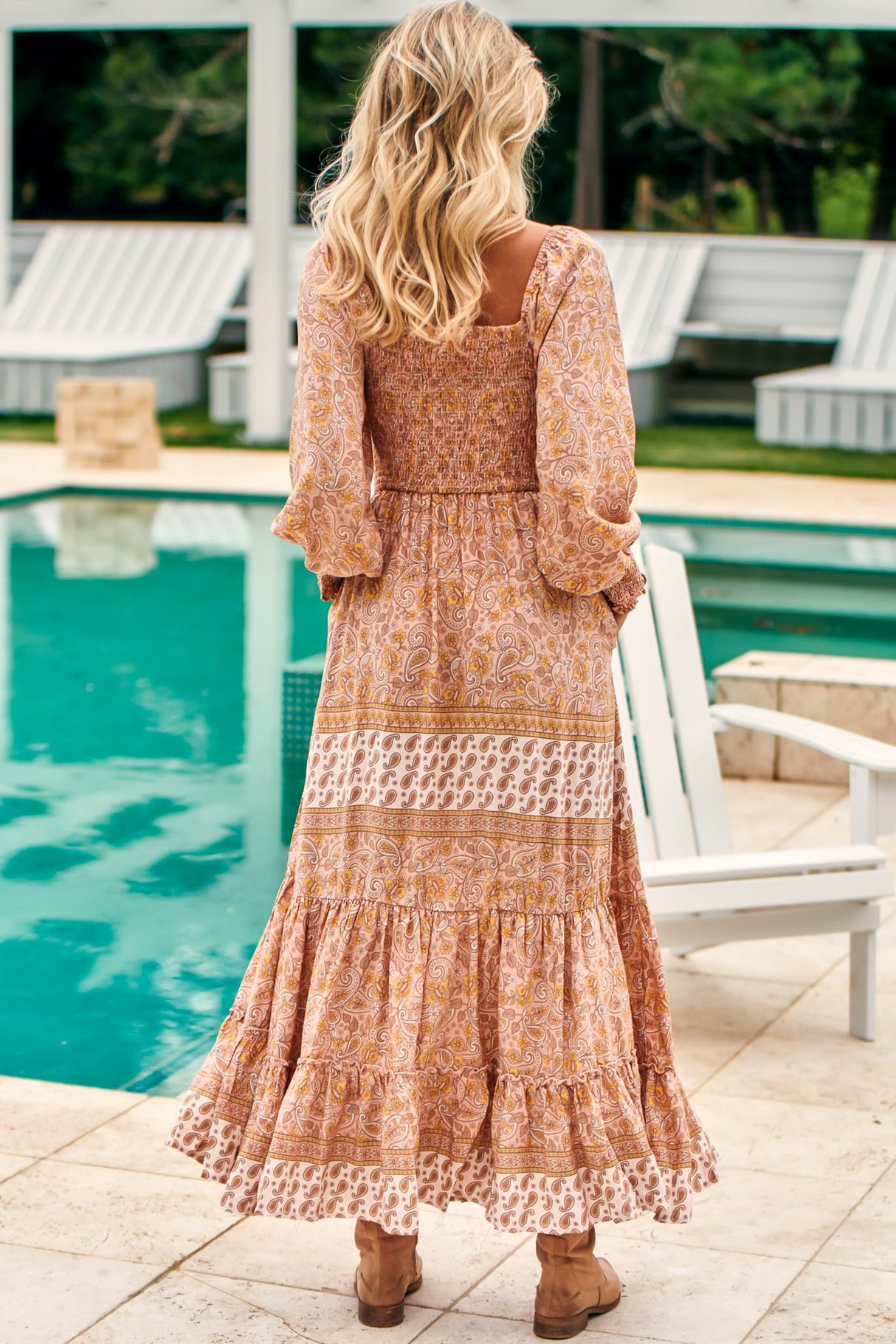 Aquarius Maxi Dress - Shirred Bodice Long Sleeve Dress in Pink Paisley Print