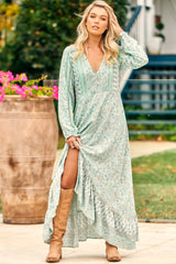 JAASE - Gemini Maxi Dress: V-Neck Long Sleeve High-Low Frill Hem Dress in Mint Paisley Print