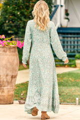 JAASE - Gemini Maxi Dress: V-Neck Long Sleeve High-Low Frill Hem Dress in Mint Paisley Print