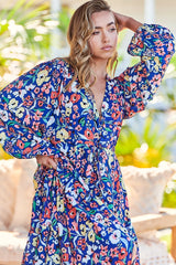 Teresa Maxi Dress - A Line Dres with Long Balloon Sleeves in Carnation Print
