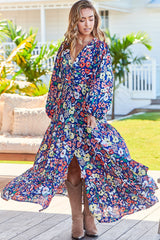 Teresa Maxi Dress - A Line Dres with Long Balloon Sleeves in Carnation Print