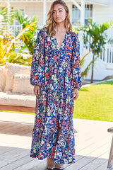Teresa Maxi Dress - A Line Dres with Long Balloon Sleeves in Carnation Print