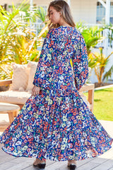 Teresa Maxi Dress - A Line Dres with Long Balloon Sleeves in Carnation Print