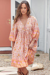 French Mini Dress - Yoke Neckline Dress with Matching Belt in Amor Print