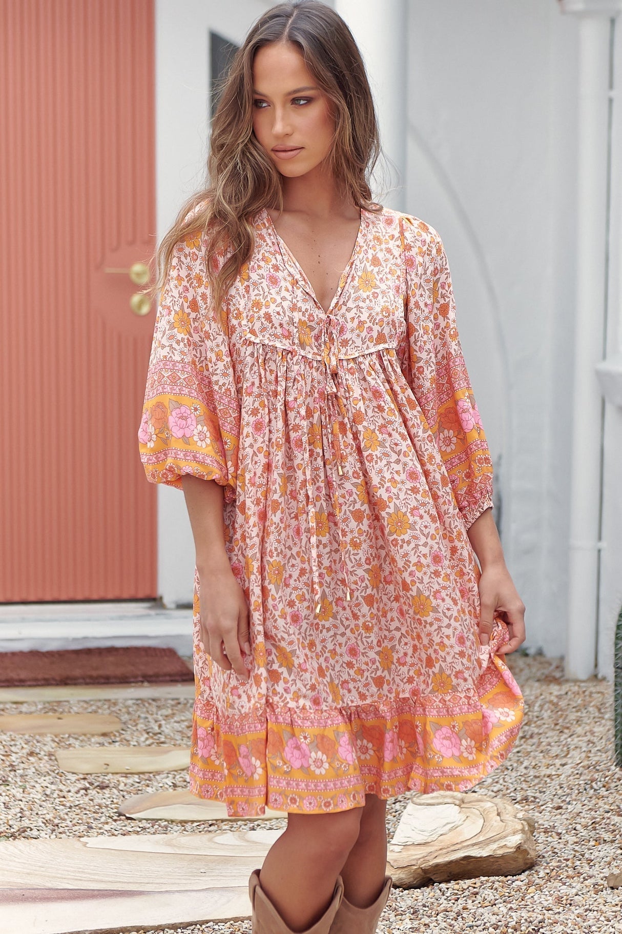 French Mini Dress - Yoke Neckline Dress with Matching Belt in Amor Print